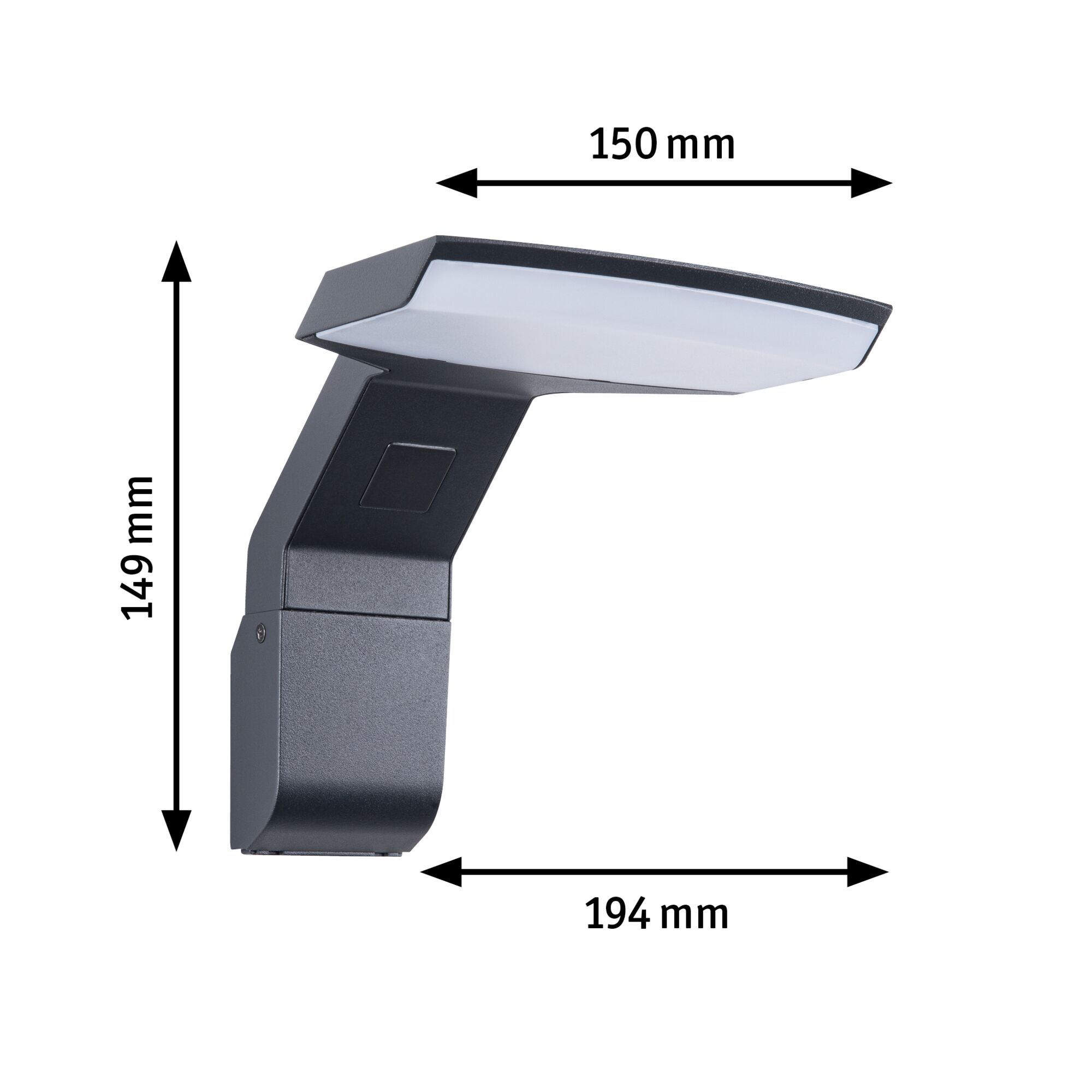 Schwarze LED-Wandleuchte mit weißem Diffusor, Maße 150x149x194 mm, moderne Außenbeleuchtung