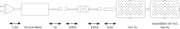 Technical drawing of a modular LED power supply with dimensions and connection cables in black and white.