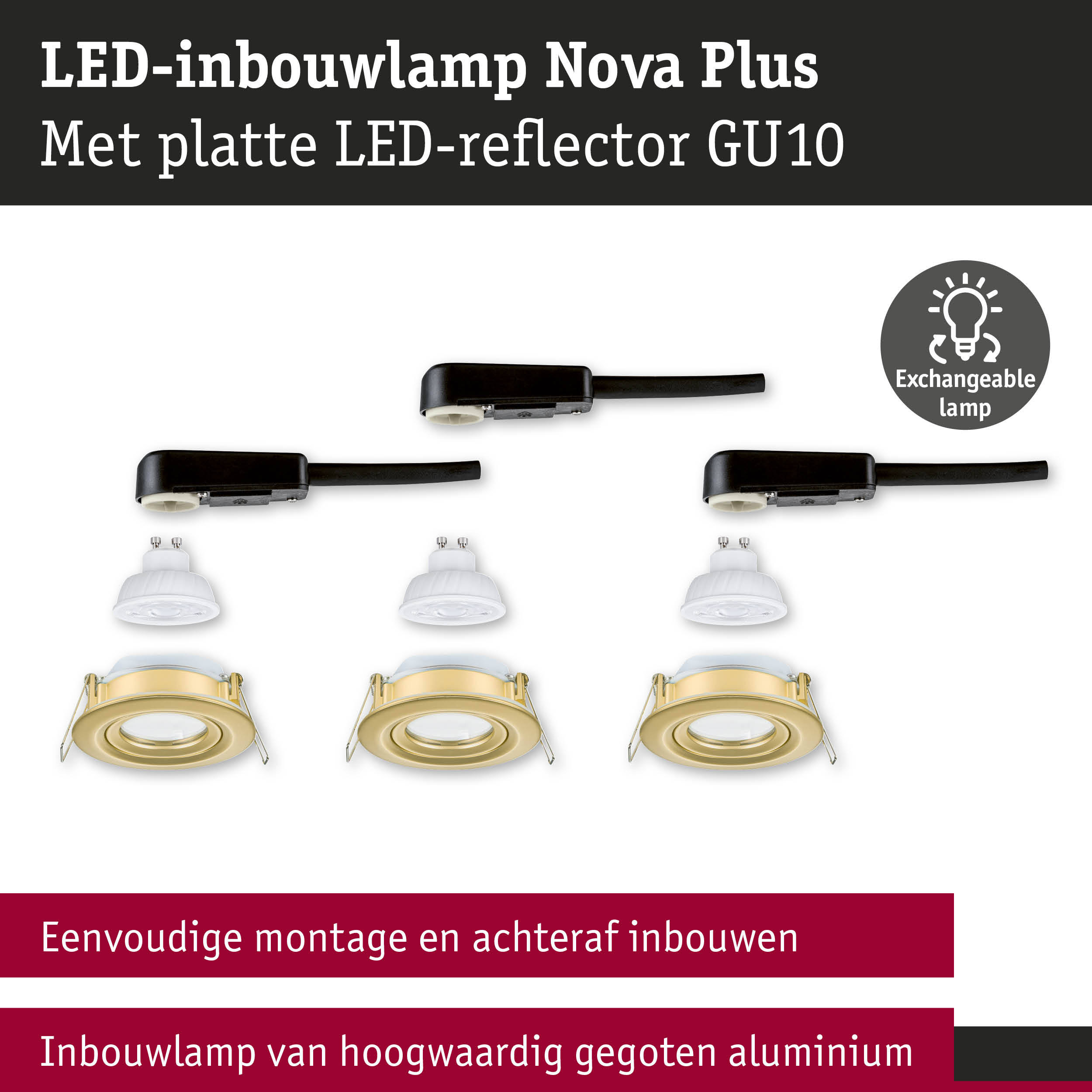LED-inbouwlamp Nova Plus van hoogwaardig gegoten aluminium in goud met platte GU10 LED-reflector