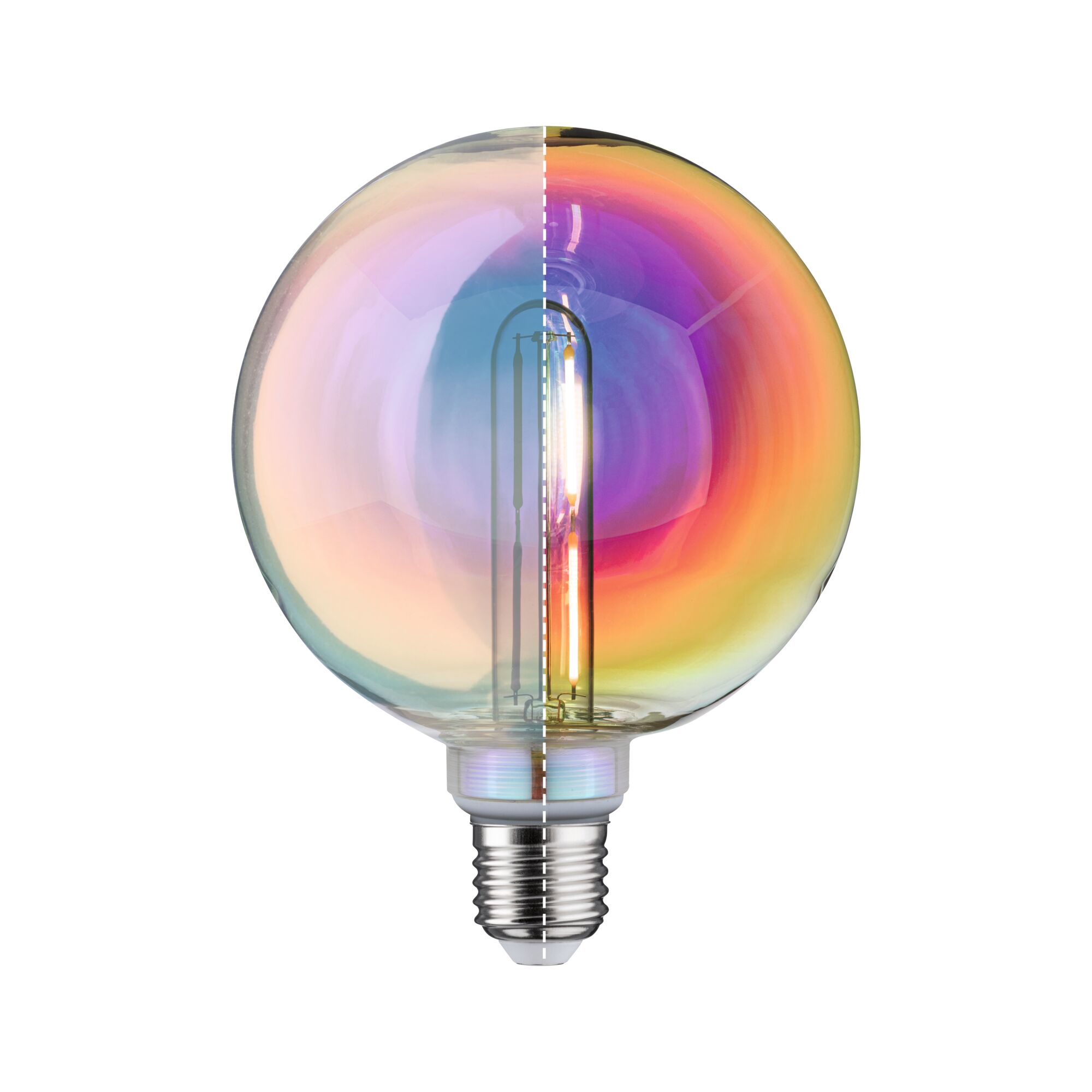Ampoule LED colorée avec culot E27 et verre irisé pour éclairage décoratif et lampe économique