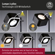 Lampe sur pied LED noire à piles avec technologie WhiteSwitch dimmable et réglage de la couleur de lumière de 2700K à 6500K