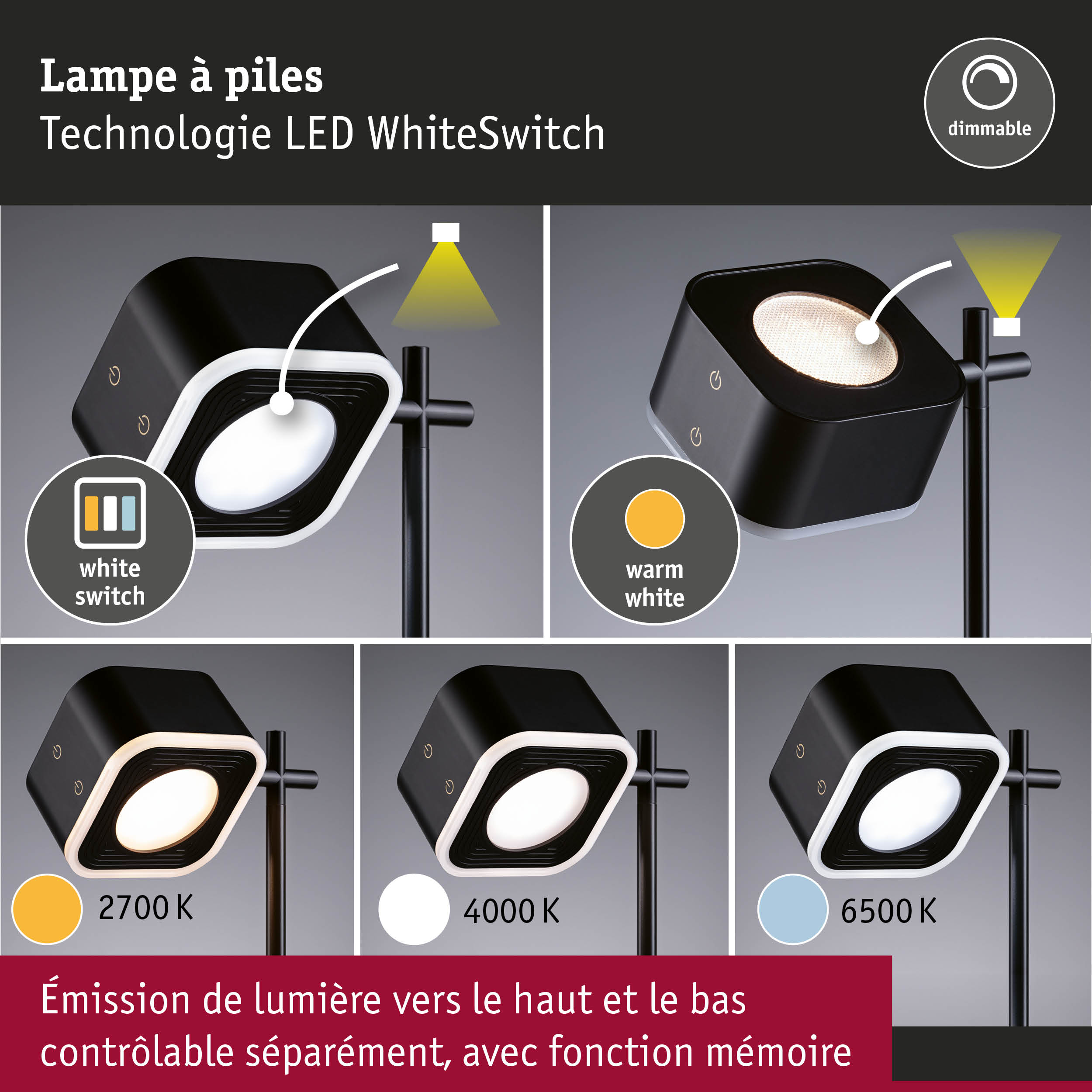 Lampe sur pied LED noire à piles avec technologie WhiteSwitch dimmable et réglage de la couleur de lumière de 2700K à 6500K