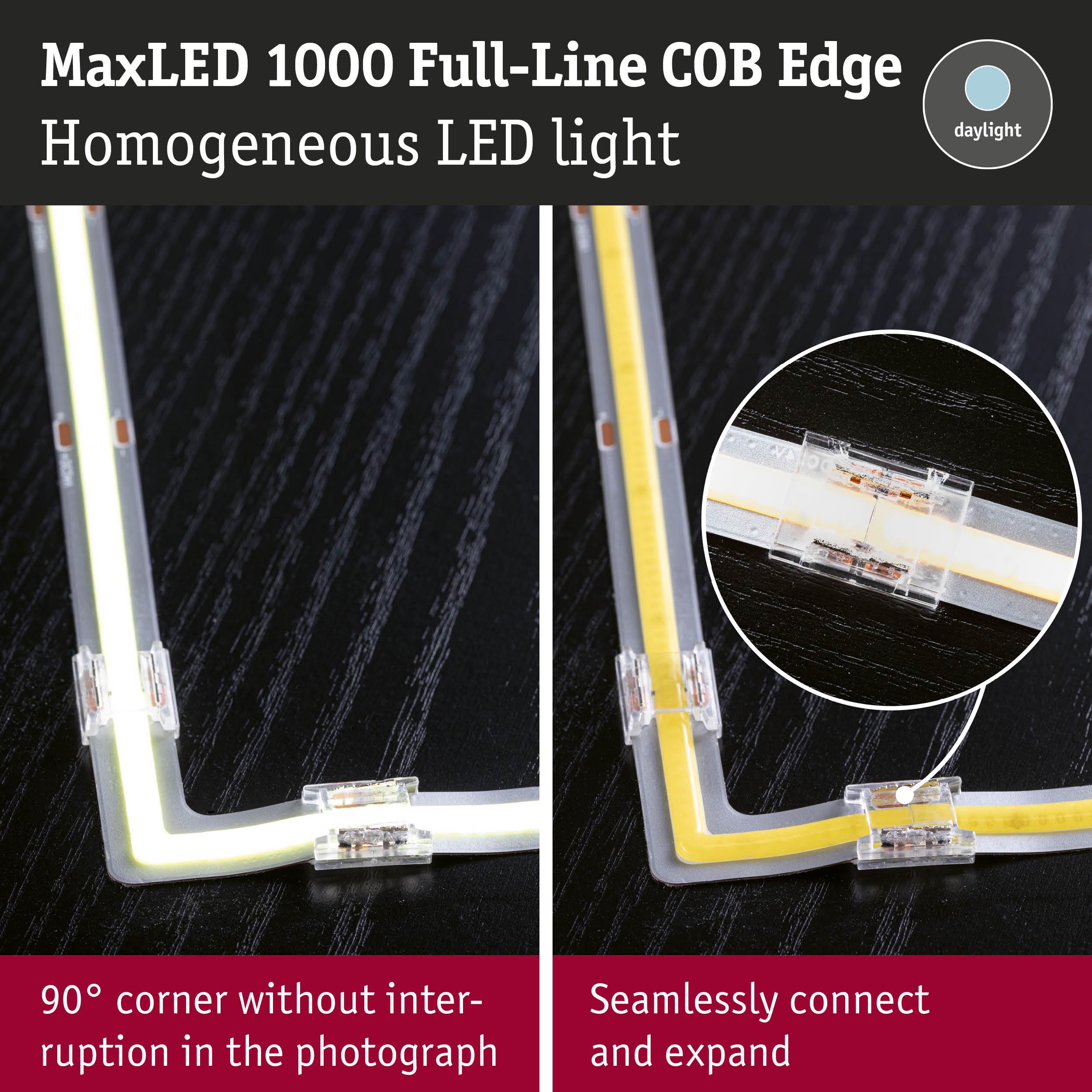 MaxLED 1000 Full-Line COB Edge LED strip with seamless 90° corner and daylight white light