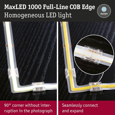 MaxLED 1000 Full-Line COB Edge LED strip with seamless 90° corner and daylight white light
