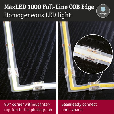 MaxLED 1000 Full-Line COB Edge LED strip with seamless 90° corner and daylight white light