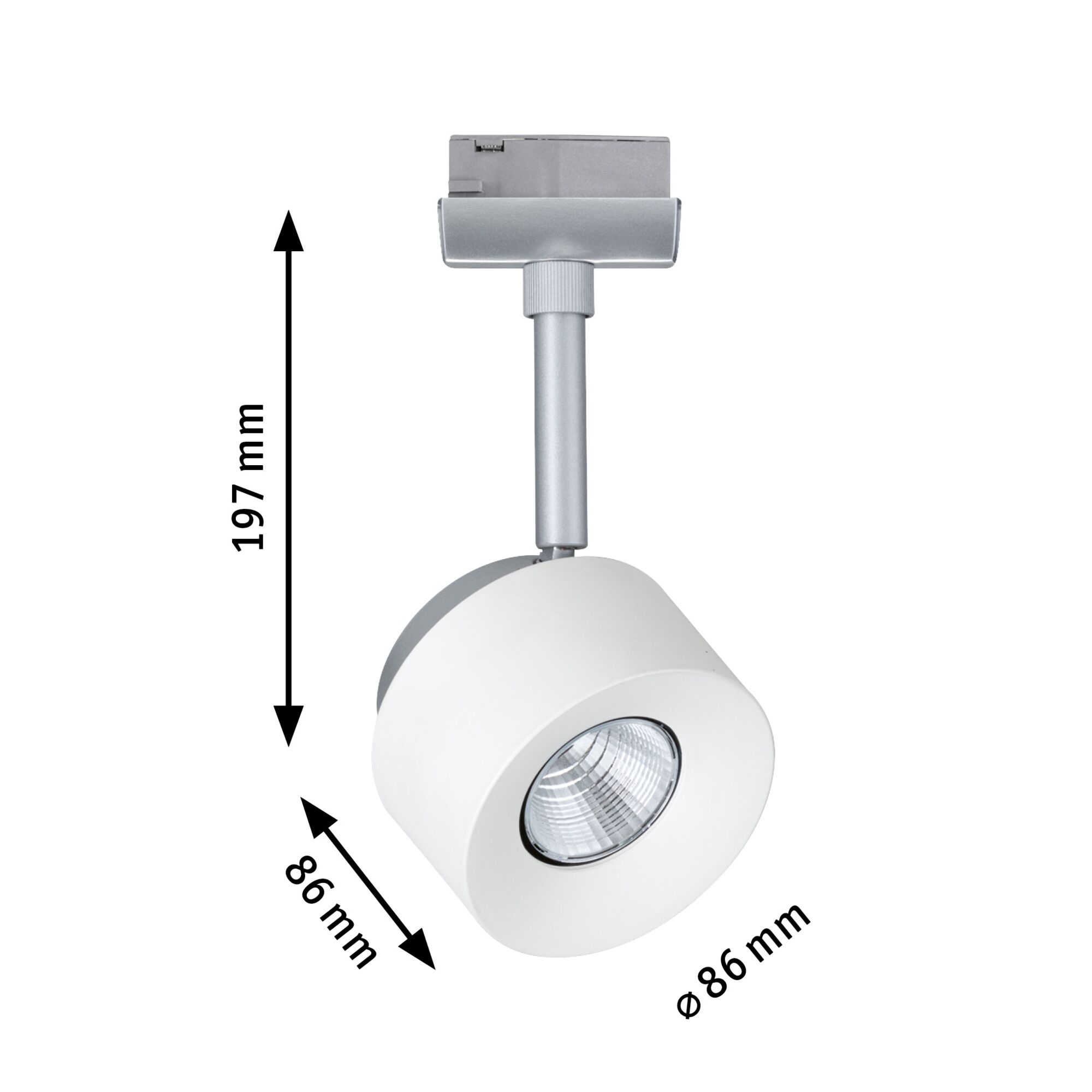 White metal LED spotlight 197 mm high and 86 mm diameter for track lighting systems