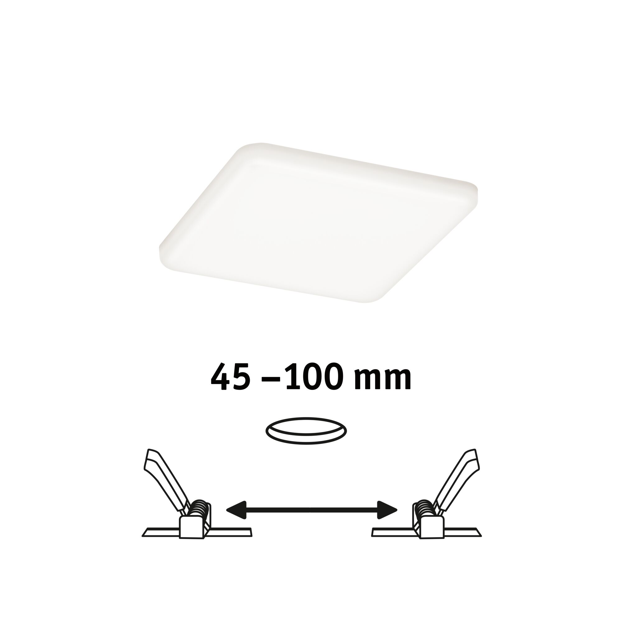 Square white LED ceiling light with flat design and spring clips for easy installation