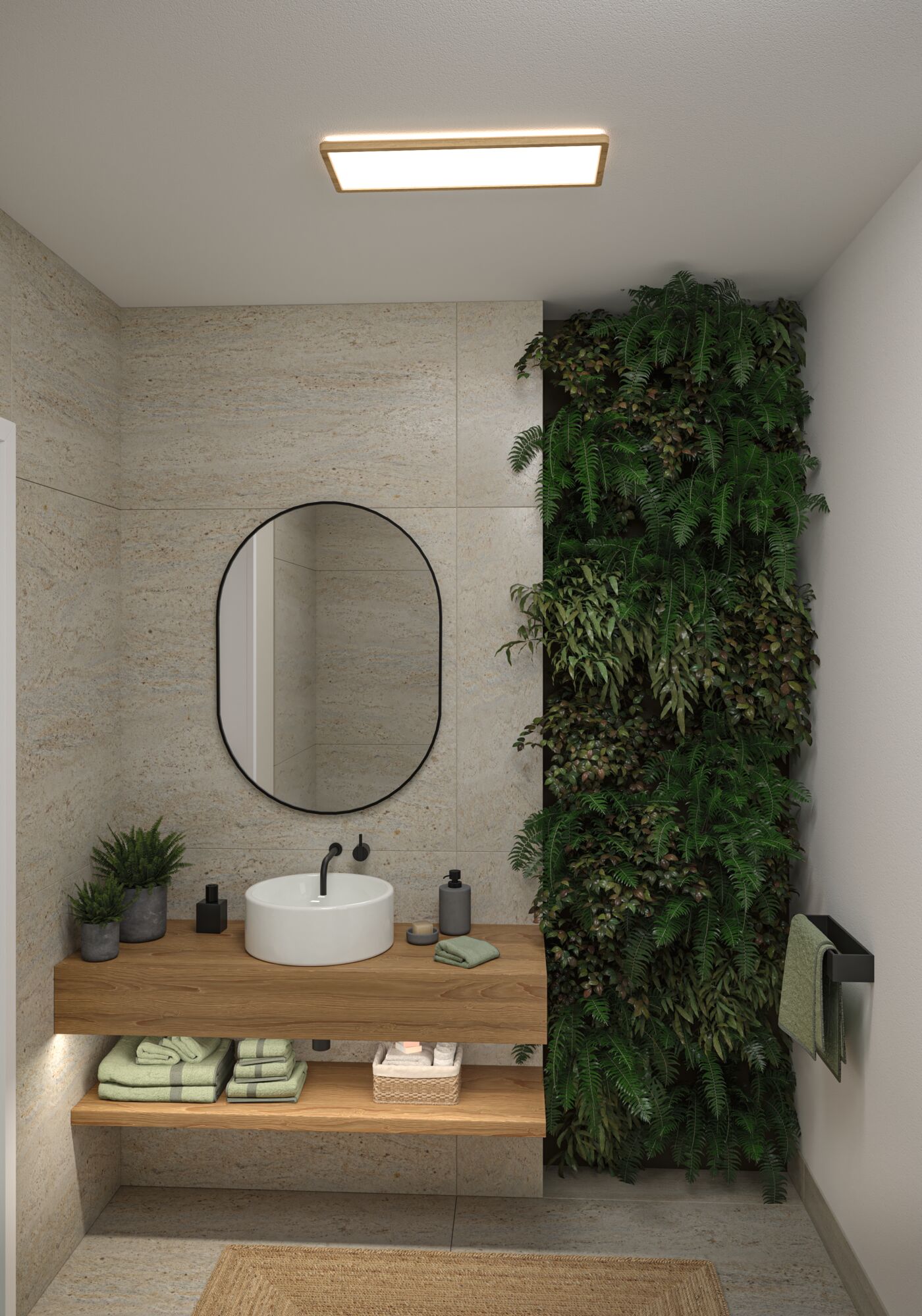 Modern bathroom with wooden vanity, round mirror and green plant wall creating a natural atmosphere