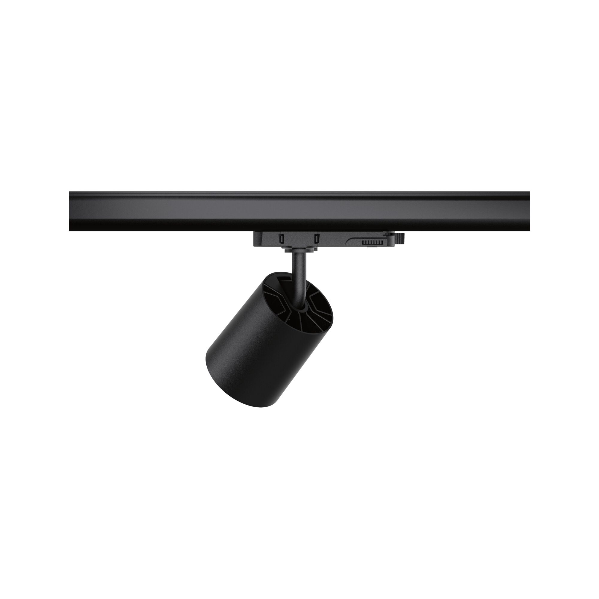 Black metal LED spotlight on track system for flexible accent lighting in interiors