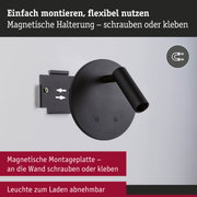Schwarze magnetische Wandlampe mit flexibler Montageplatte zum Schrauben oder Kleben