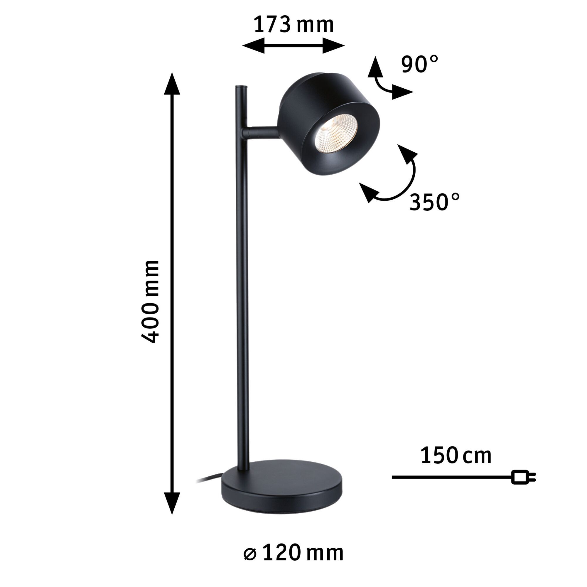 Black metal LED desk lamp with adjustable head and 150 cm power cable for flexible lighting