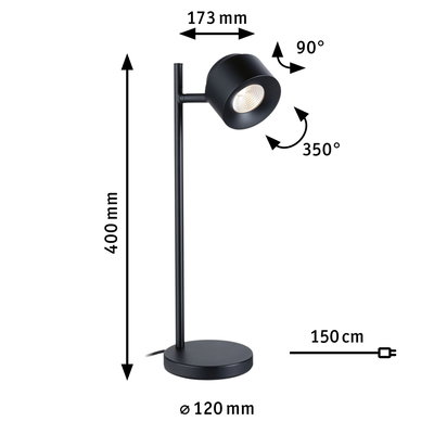 Black metal LED desk lamp with adjustable head and 150 cm power cable for flexible lighting