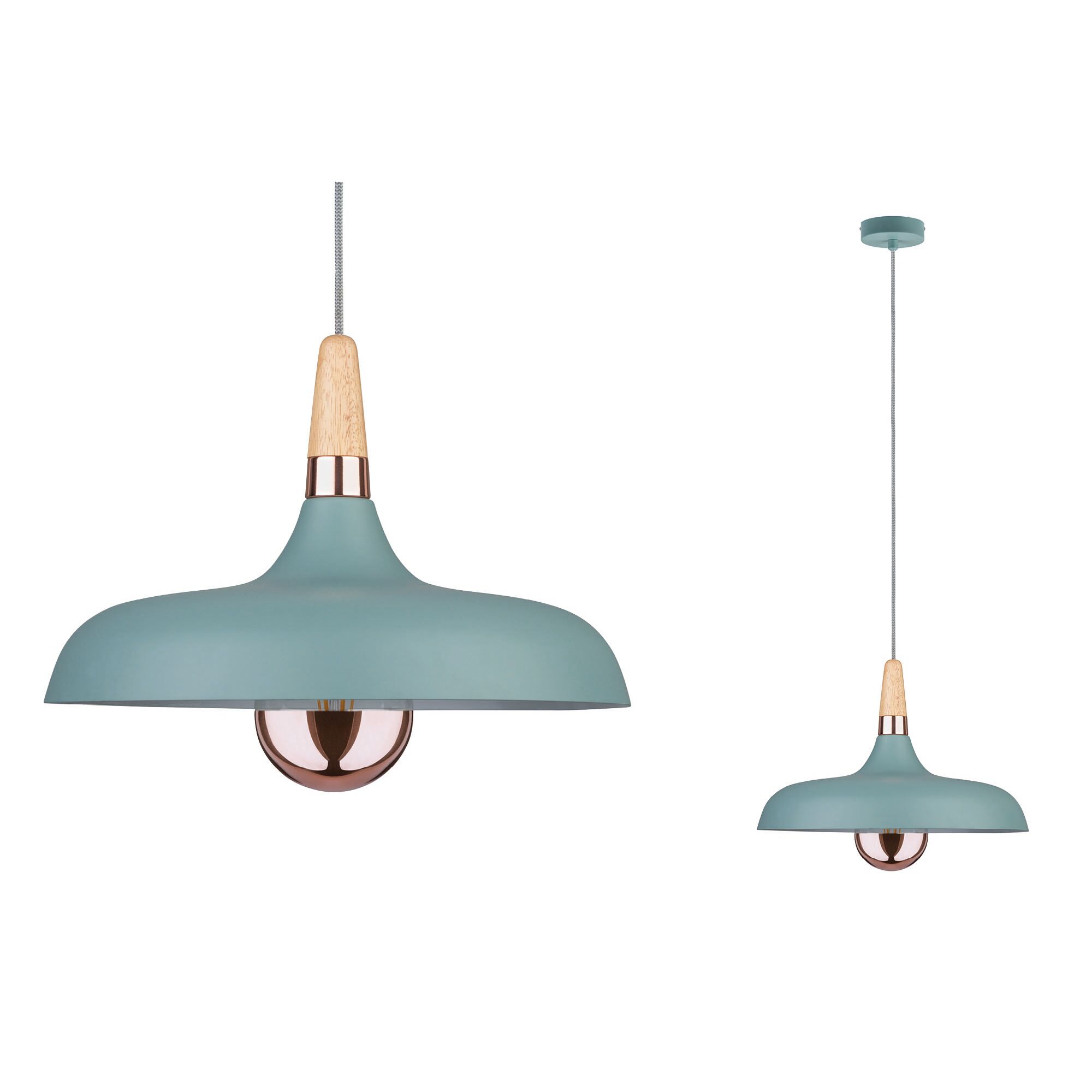 Hanglamp Juna E27 max. 20W Softgroen/Koper/Hout dimbaar Metaal/Hout Blauwe metalen hanglamp met hout- en koperdetails, moderne verlichting voor woonruimtes.