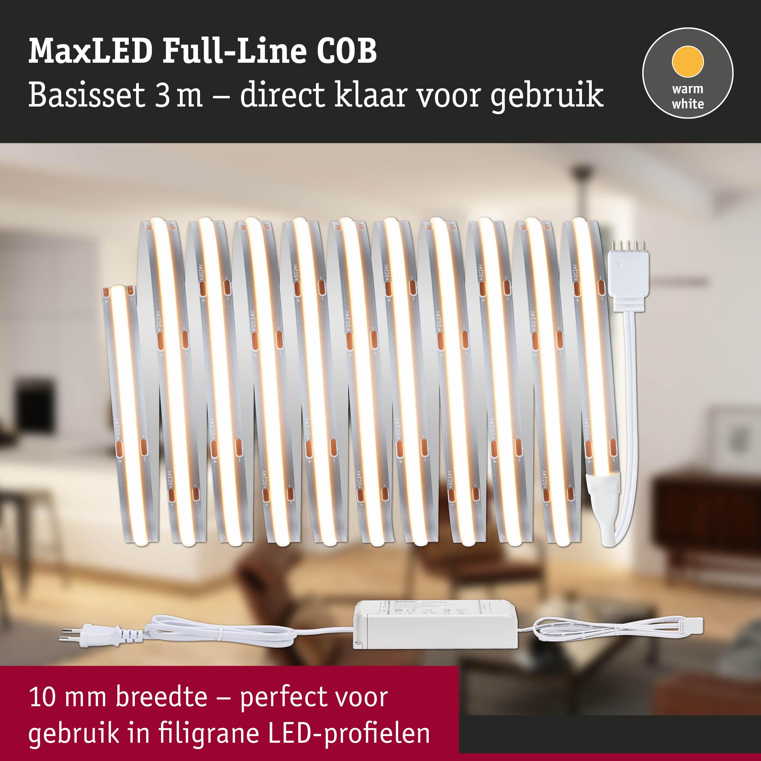 MaxLED Full-Line COB LED-strip 3 m warmwit met voeding voor smalle LED-profielen
