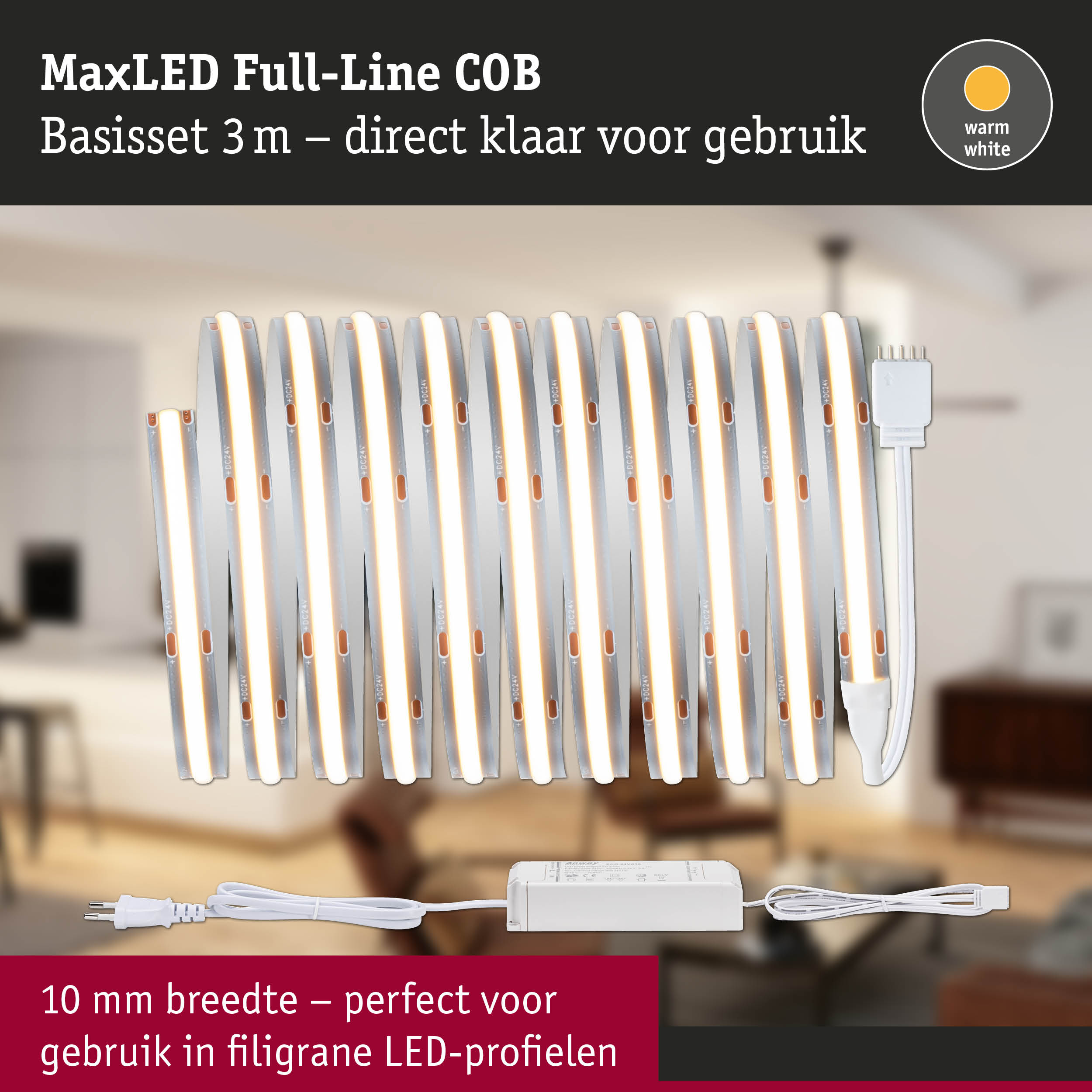 MaxLED Full-Line COB LED-strip 3 m warmwit licht met voeding perfect voor smalle LED-profielen