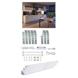 LED under-cabinet lighting set with white aluminum profiles and warm white light strips for kitchen lighting
