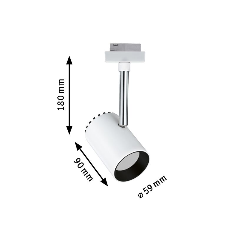 White metal LED spotlight with 180 mm height and 59 mm diameter for track lighting systems