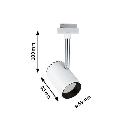 White metal LED spotlight with 180 mm height and 59 mm diameter for track lighting systems