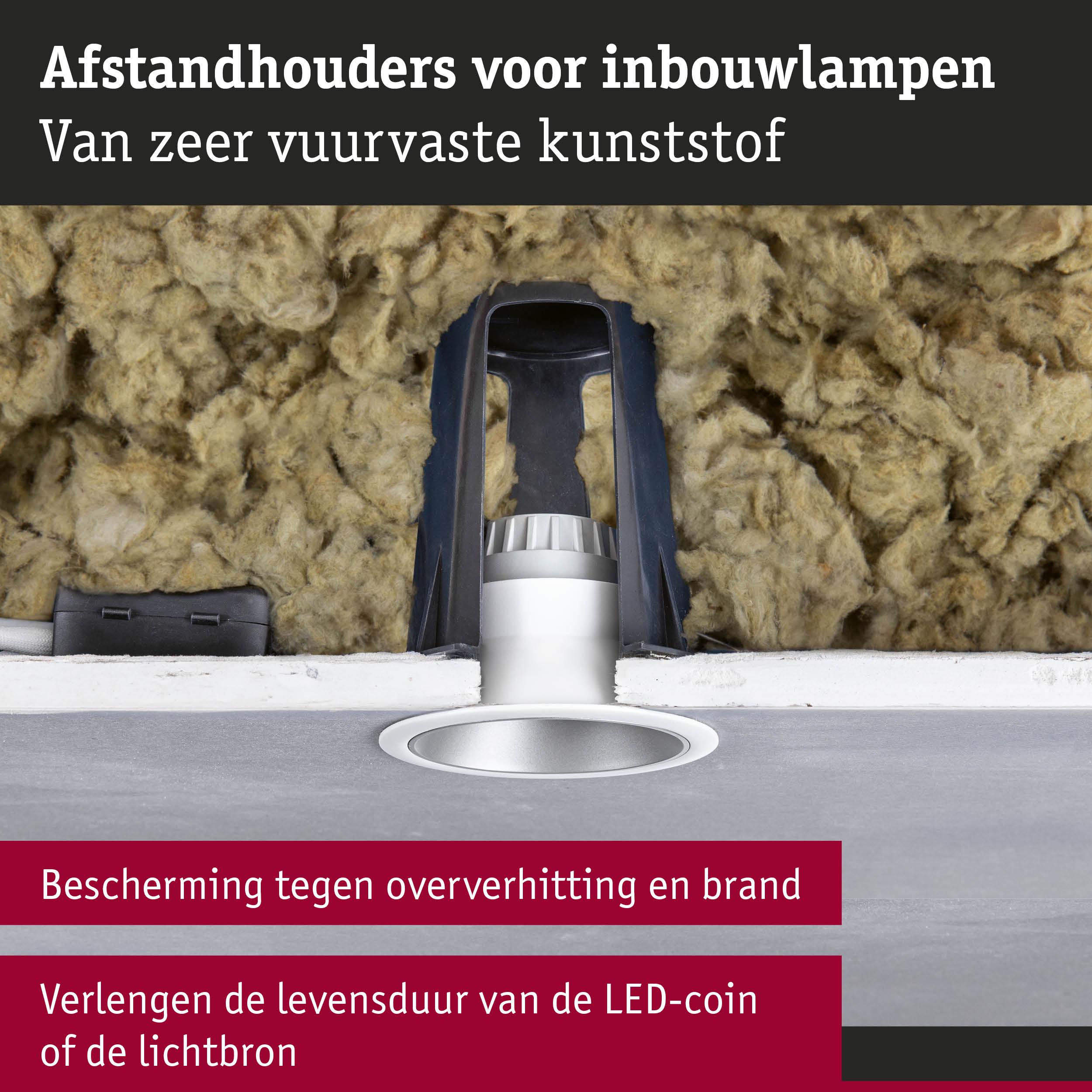 Afstandhouders van vuurvaste kunststof voor inbouwlampen beschermen tegen oververhitting en brand