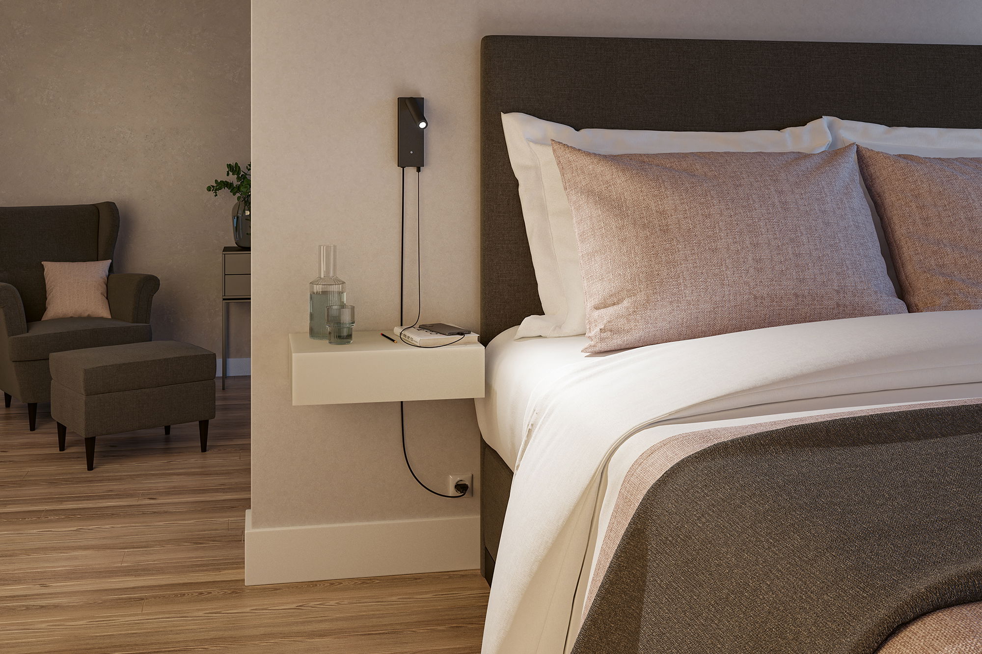 Modern bedroom with brown fabric bed, beige wall lamp and floating wooden bedside table