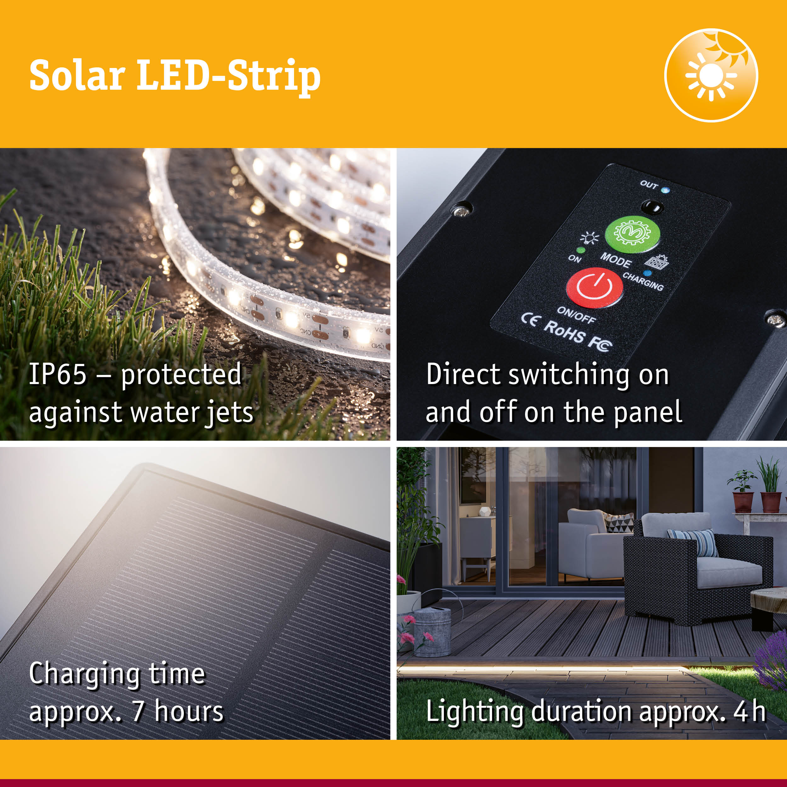 Solar LED strip with IP65 water protection, direct switch, approx. 7 hours charging and 4 hours lighting