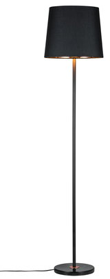 Stehende Lampe mit schwarzem Stoffschirm und schwarzem Marmorsockel für modernes Wohnzimmerlicht