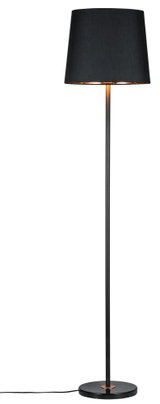 Floor lamp with black fabric shade and black metal stand, modern home lighting design