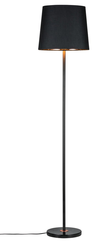Floor lamp with black fabric shade and black metal stand, modern home lighting design