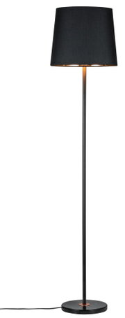Floor lamp with black fabric shade and black metal stand, modern home lighting design
