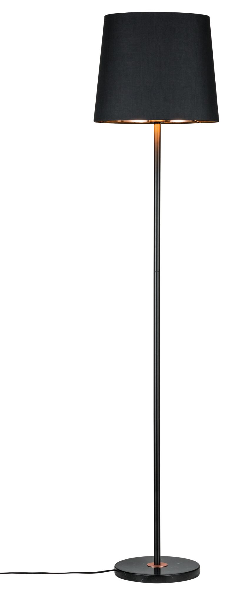 Floor lamp with black fabric shade and black metal stand, modern home lighting design