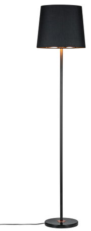 Floor lamp with black fabric shade and black metal stand, modern home lighting design