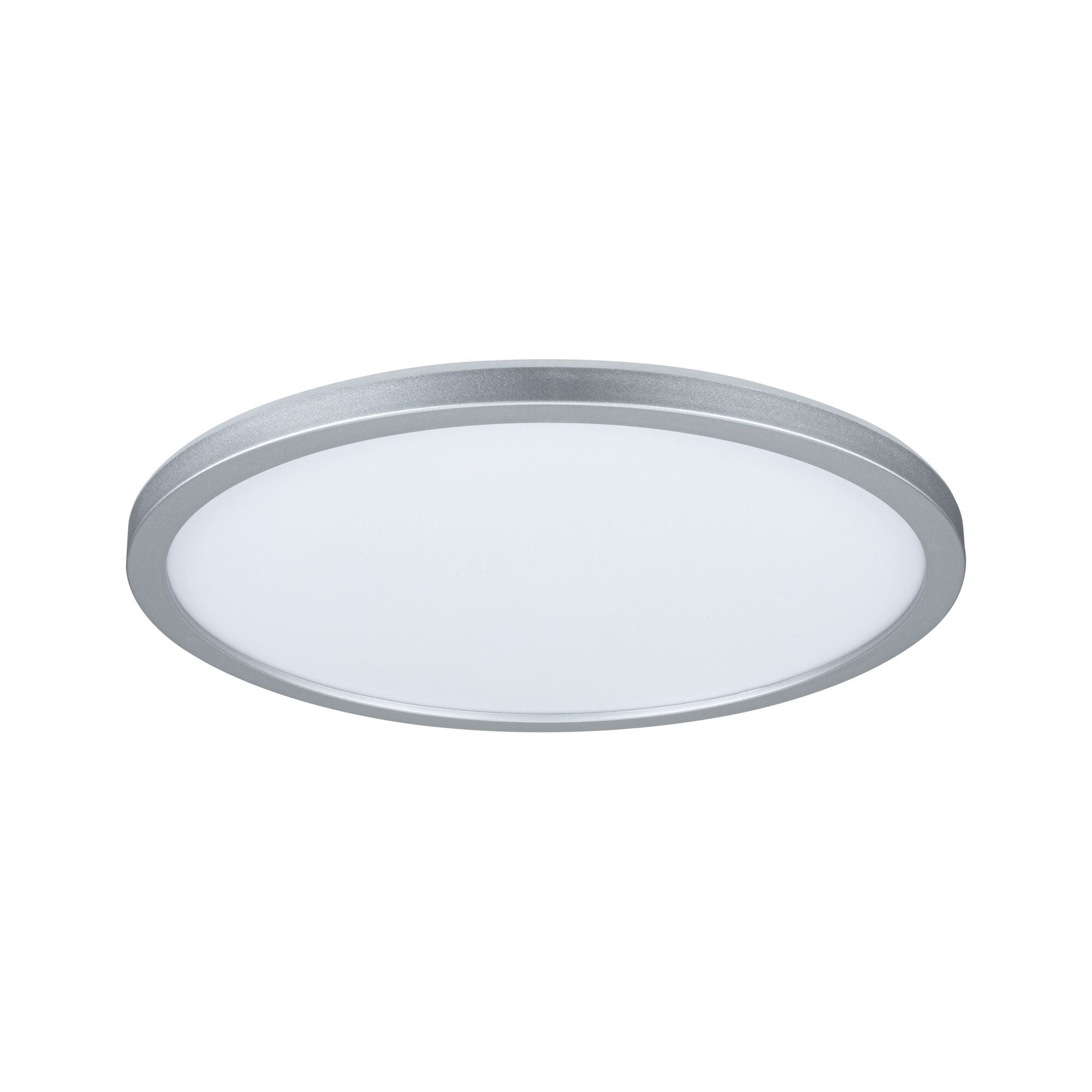 Round ceiling light with silver aluminium frame and white diffuser for modern indoor lighting