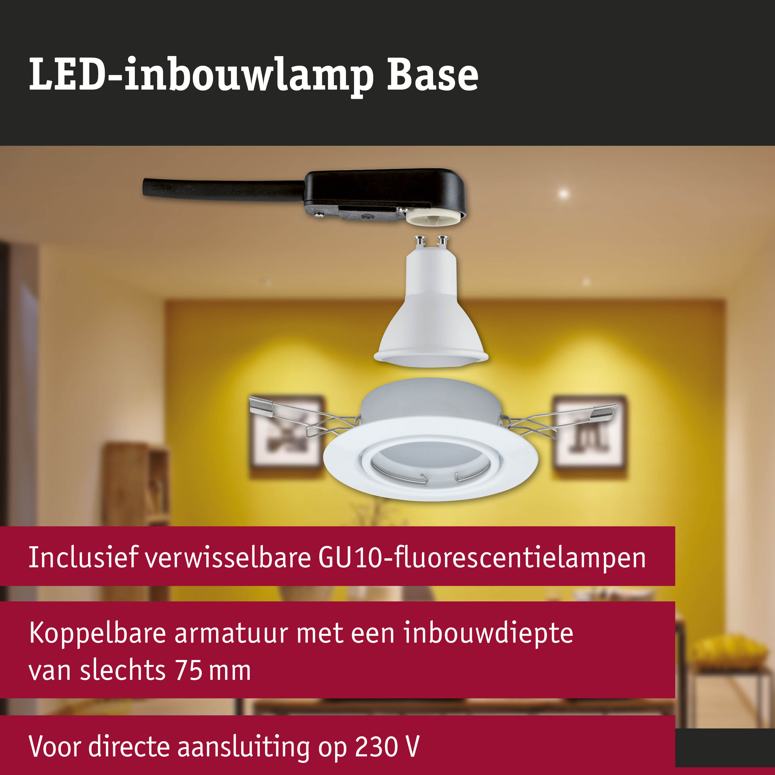 Witte LED-inbouwlamp met GU10-fitting en zwarte kabel voor directe 230V aansluiting