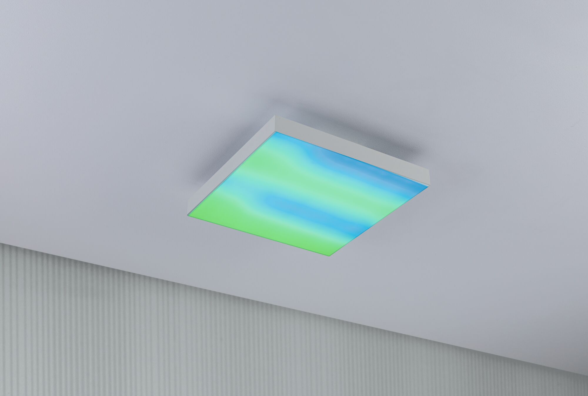 Square LED ceiling light with white frame and blue-green gradient for modern ambient lighting
