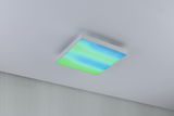 Square LED ceiling light with white frame and blue-green gradient for modern ambient lighting