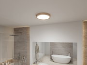 Round ceiling light with wooden frame in modern bathroom featuring bathtub and shower.