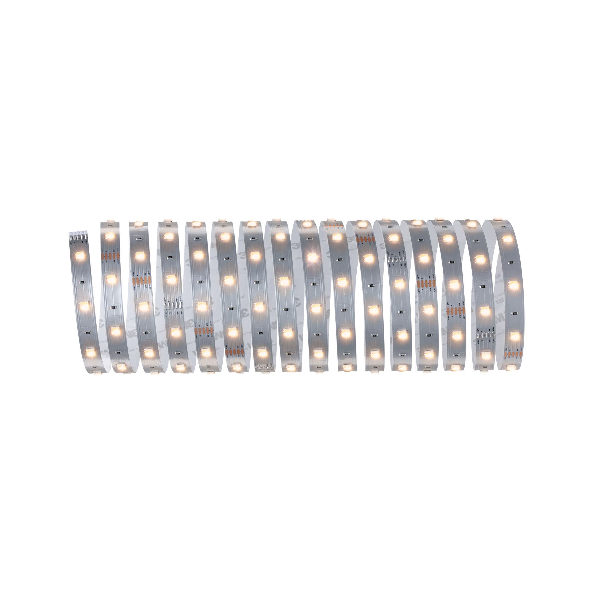 Flexible LED strip with warm white LEDs on silver board for decorative lighting solutions