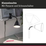 Schwarze Klemmleuchte mit flexiblem Arm und Schnurschalter an Regal befestigt für Arbeitslicht