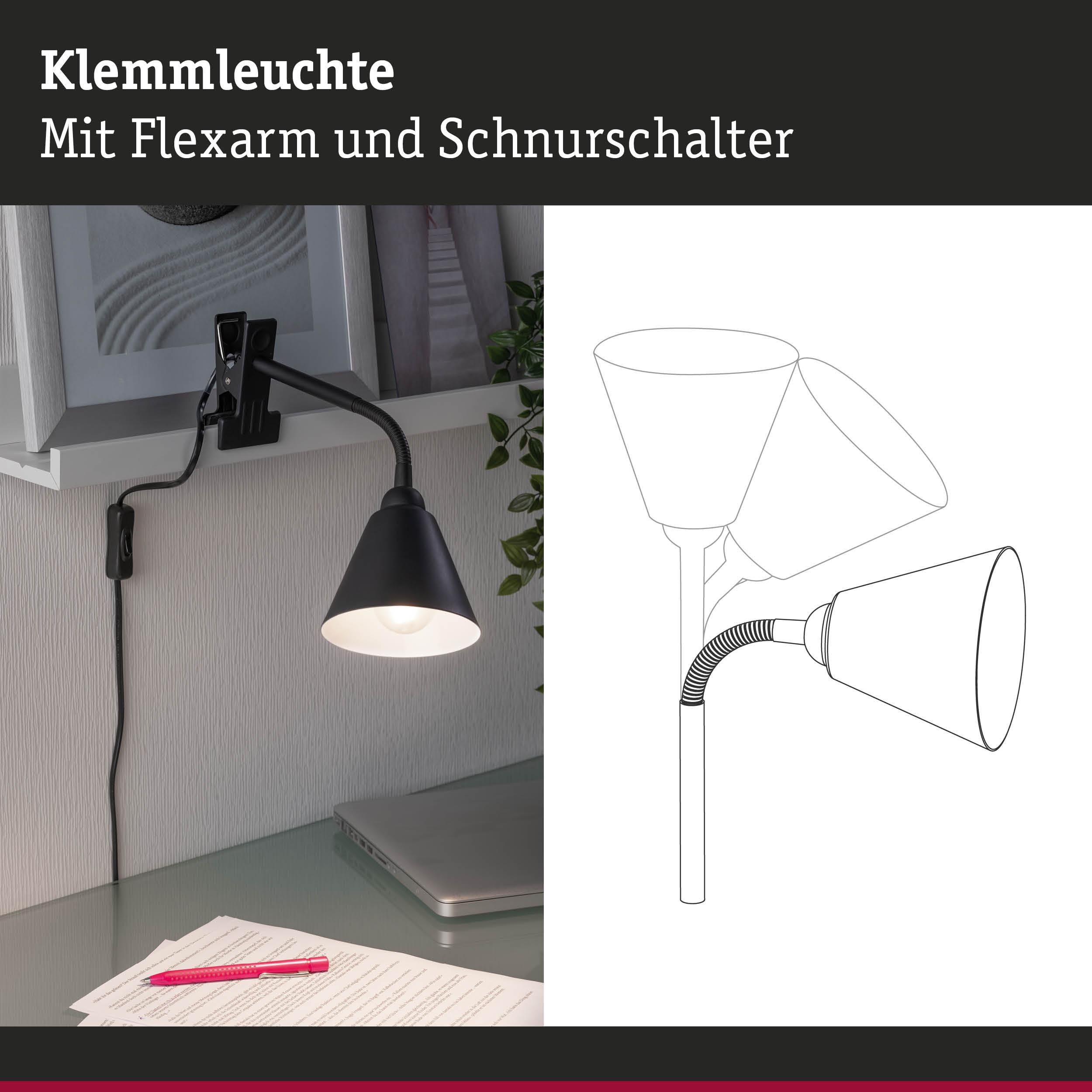 Schwarze Klemmleuchte mit flexiblem Arm und Schnurschalter an Regal befestigt für Arbeitslicht