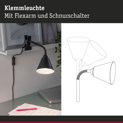 Schwarze Klemmleuchte mit flexiblem Arm und Schnurschalter an Regal befestigt für Arbeitslicht