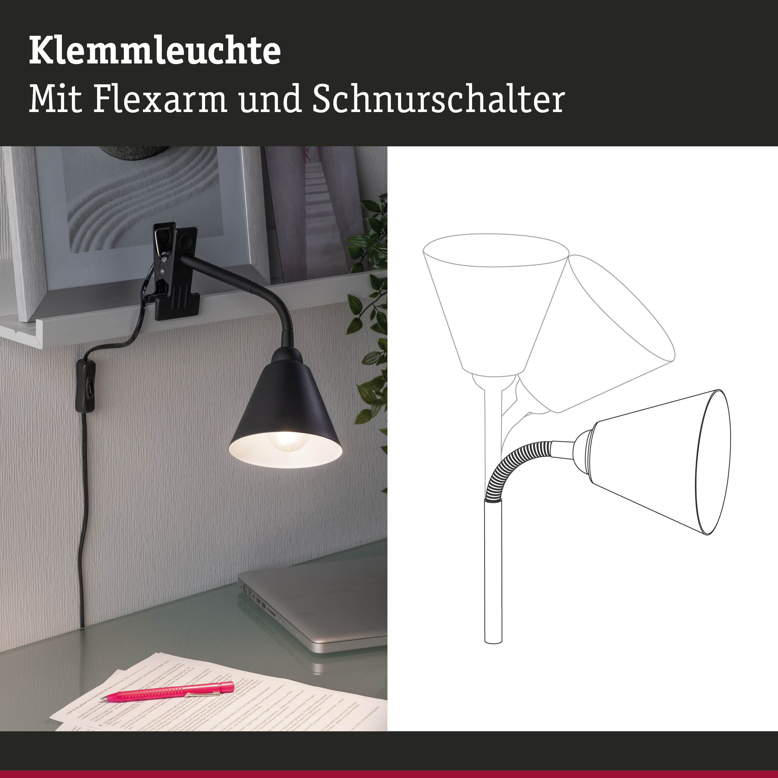 Schwarze Klemmleuchte mit flexiblem Arm und Schnurschalter an Regal für Arbeitslicht