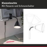 Schwarze Klemmleuchte mit flexiblem Arm und Schnurschalter an Regal für Arbeitslicht