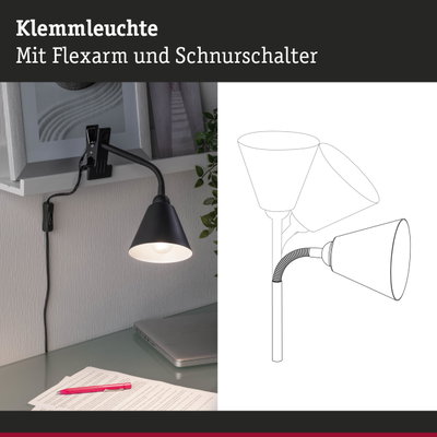 Schwarze Klemmleuchte mit flexiblem Arm und Schnurschalter an Regal für Arbeitslicht