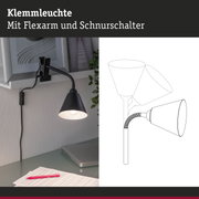 Schwarze Klemmleuchte mit flexiblem Arm und Schnurschalter an Regal für Arbeitslicht
