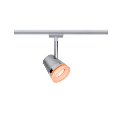 Modern silver LED spotlight with orange light for indoor track lighting system