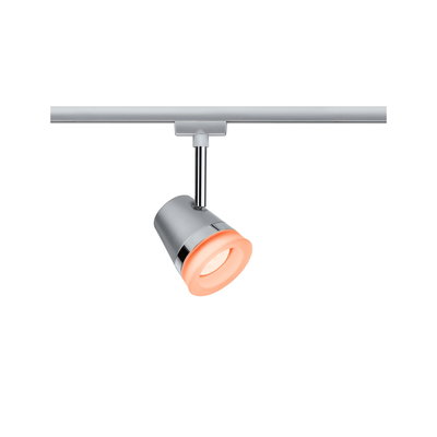 Modern silver LED spotlight with orange light for indoor track lighting system