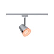 Moderne zilveren LED-spot met oranje licht voor binnenverlichting op railsysteem