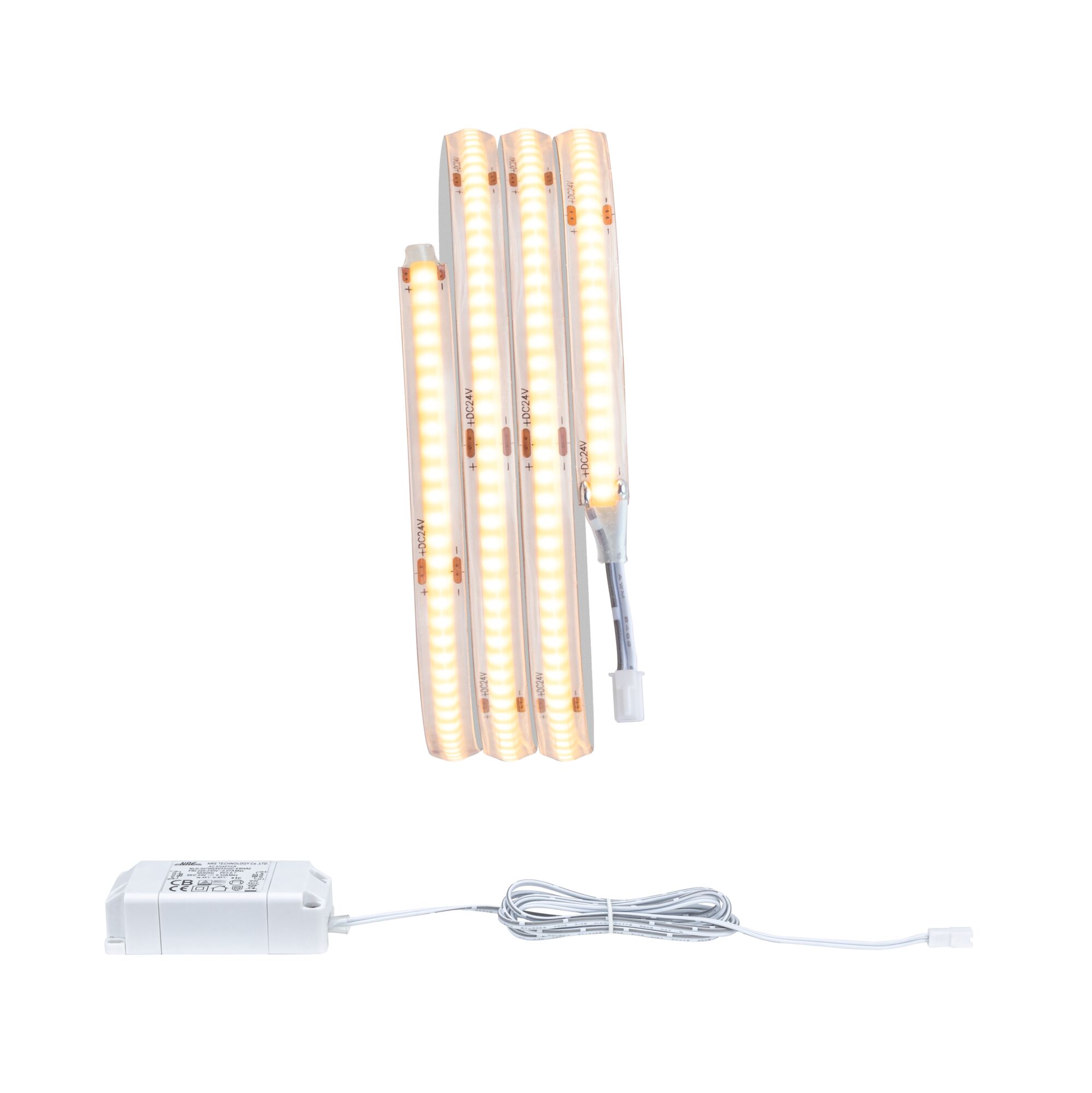 LED strip light with warm white glow and white power supply, energy-efficient lighting solution