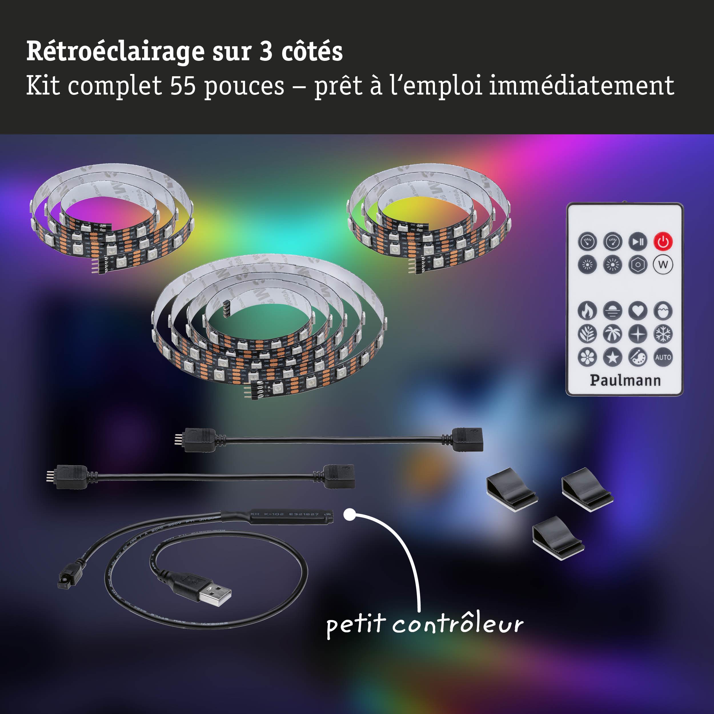 Kit de rétroéclairage LED RGB avec télécommande et USB pour écran 55 pouces