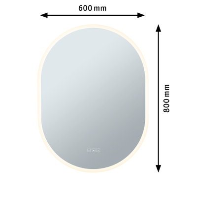 Oval LED-lit mirror with touch controls, 600x800 mm, modern bathroom accessory for wall mounting